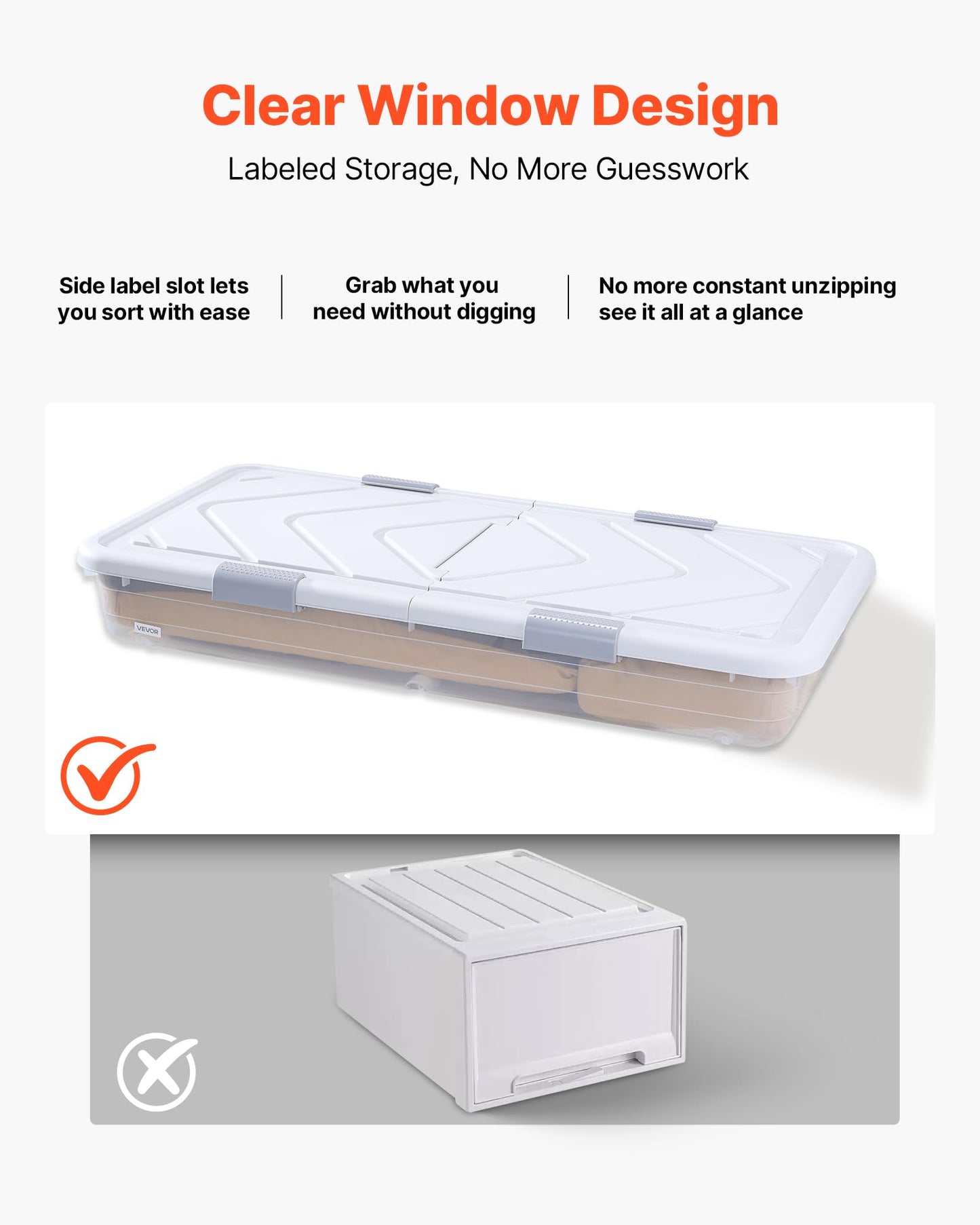 VEVOR Under Bed Storage with Wheels, 39.8 x 20.1 x 5.9 inch Underbed Containers, Underbed Shoes Organizer with Lid & Gray Latch, Rolling Under the Bed Storage Bins for Clothes Shoes Blankets, 2 Pack