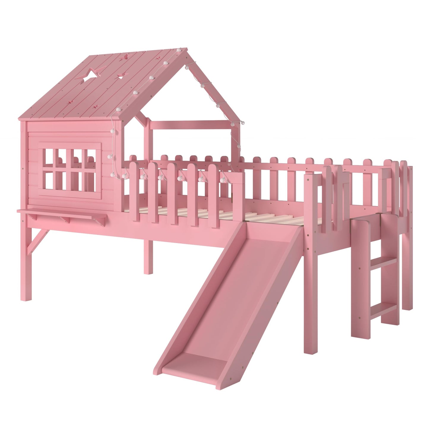 Bellemave Twin Loft Bed with Slide and Ladders, Solid Wood Low Loft Bed with Tray, Lights, Playhouse Roof, House Loftbed Frame for Kids, Boys, Girls, Childlike and No Box Spring Needed Design, Pink
