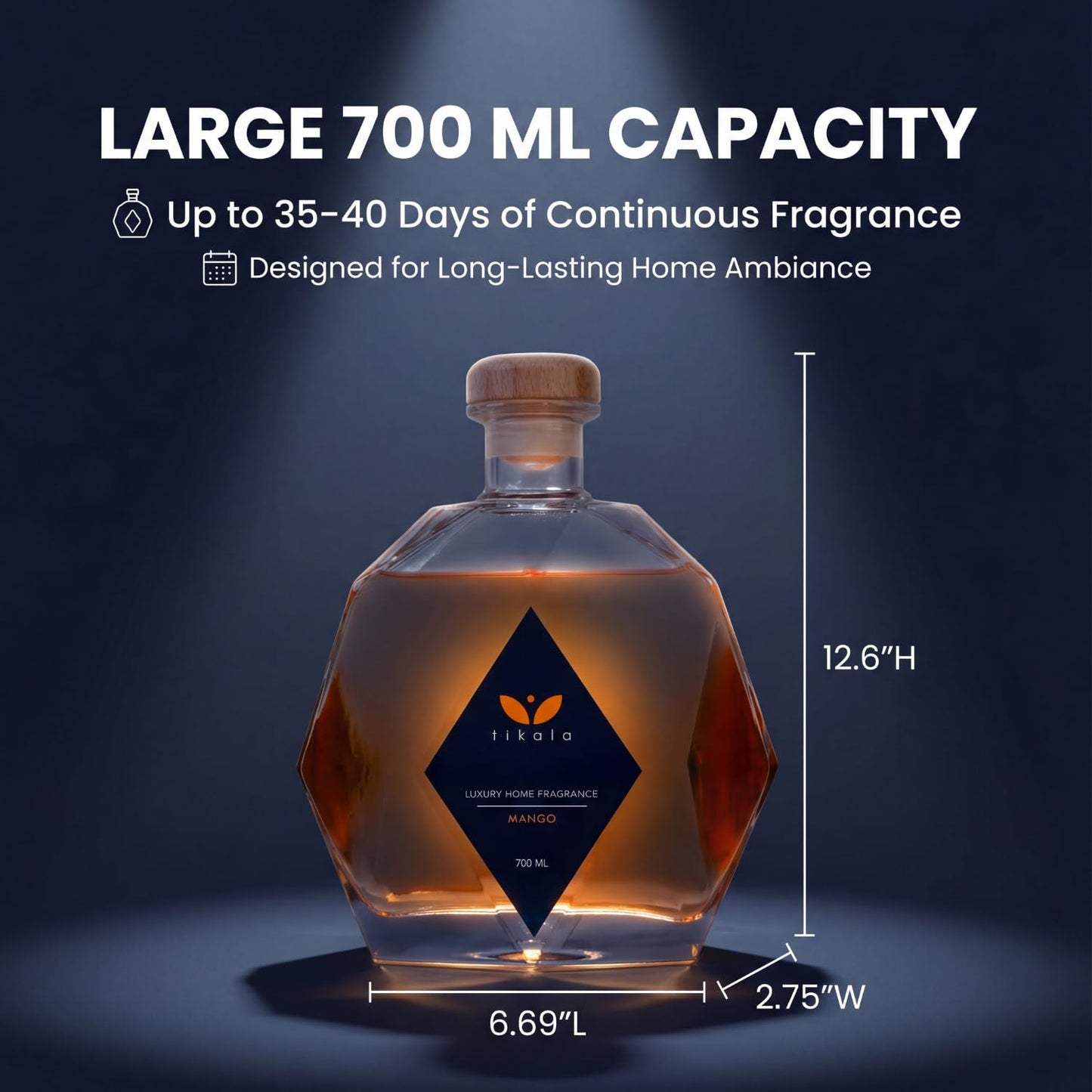 Tikala Luxury Reed Diffuser with Mango Scent – Crystal Glass Bottle – Home Fragrance for Living Room, Bathroom & Office – 23.67 fl oz (700 ml)