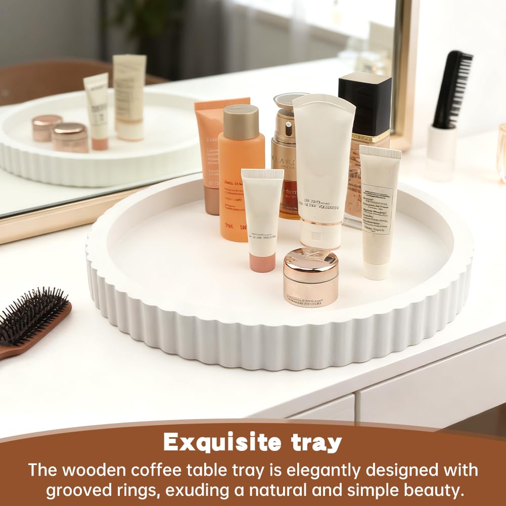 Round Fluted Wood Tray, 11 in Diameter, Accent Catchall for Vanity, White