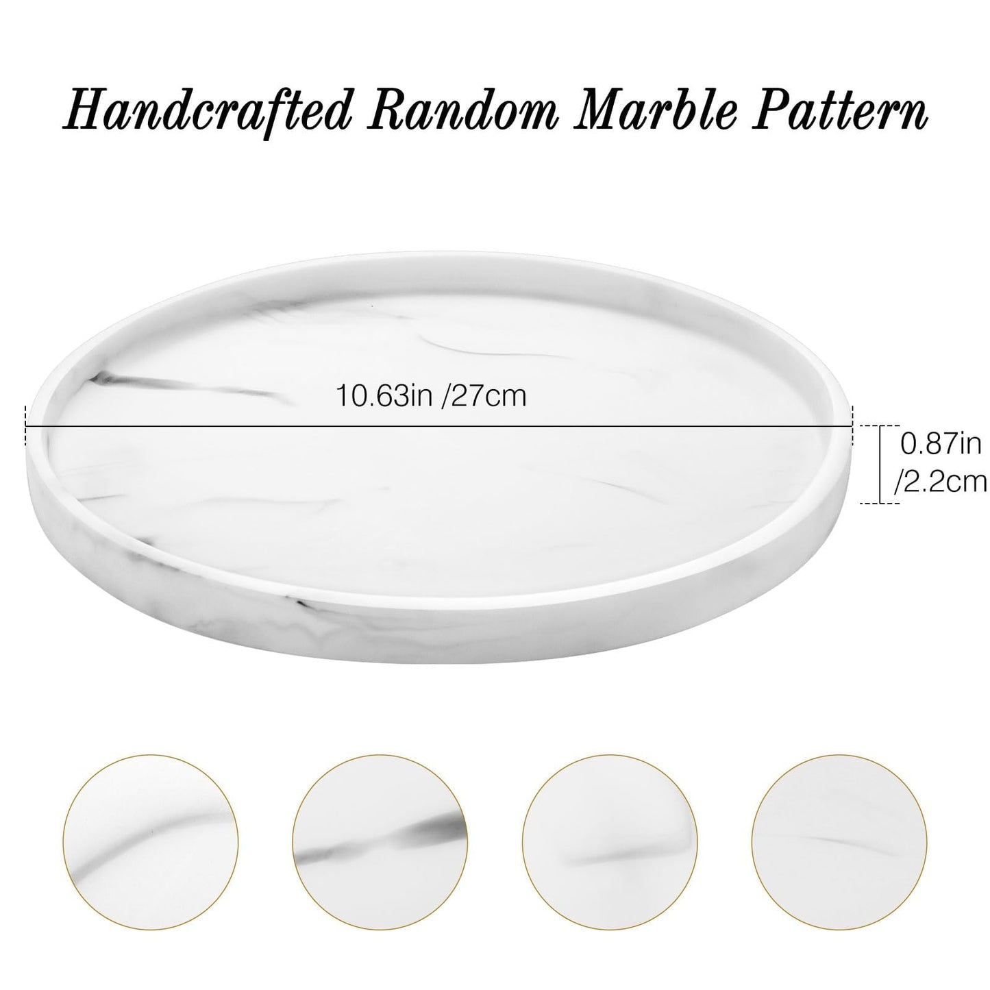 Luxspire Round Vanity Tray, 10.63 Inch Bathroom Vanity Tray Resin Kitchen Tray, Countertop Organizer Tray for Perfume Dresser Jewelry Candle, Coffee Table Decorative Tray, Marble White