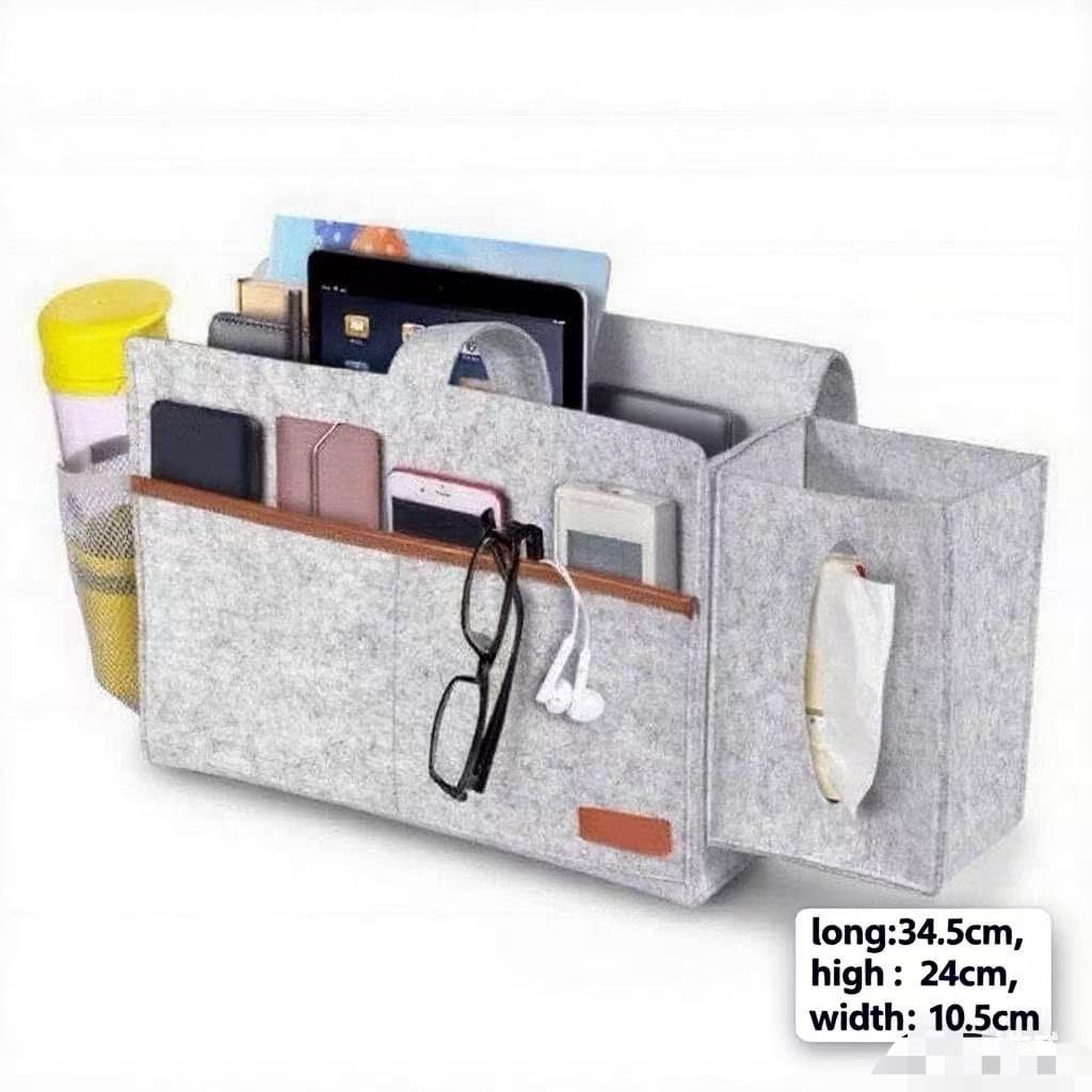 Zurci Bedside Caddy - Hanging Storage Pouch for Bedside, Couch, Dorm Room - Multi-Pocket Wall Mounted Felt Storage Organizer for Bedroom,With Tissue Box Cover Holde (Dark Gray)