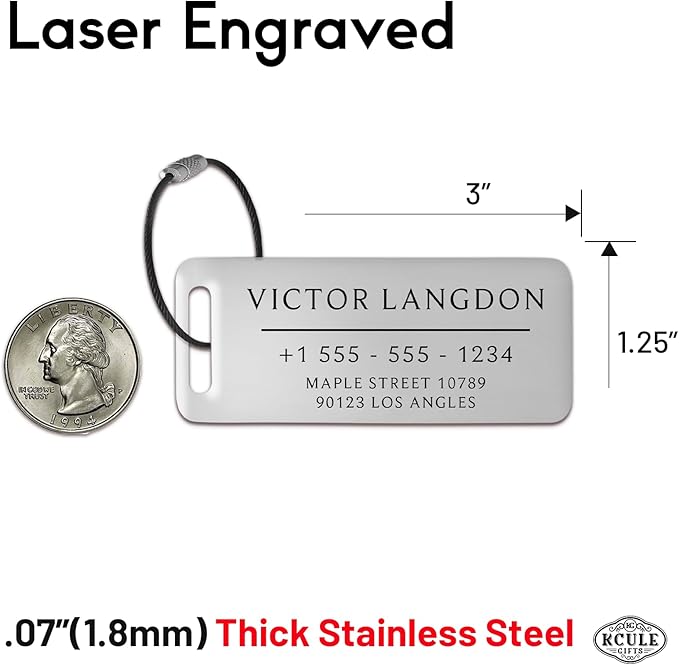 Personalized Luggage Tags for Suitcases 4 Pack - Stainless Steel Custom Luggage Tags for Backpacks & Bags, Sturdy, Waterproof & Heavy Duty (Silver / 3" x 1.25")