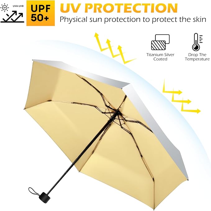Travel Mini UV Umbrella for Purse Handbag Backpack in Small Size Sun & Rain Protection Compact Lightweight Tiny Pocket Umbrella for Kids Women Men