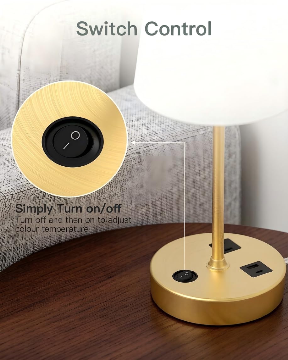 Addtam Bedroom Table Lamp, Bedside Lamp with AC Outlet and USB C Charging Ports(PD 20W), 3-Way Dimmable Lamp with Switch, Lamps with Shade for Night Stands, Living Room, Desk, and Home Office, 6.5Ft