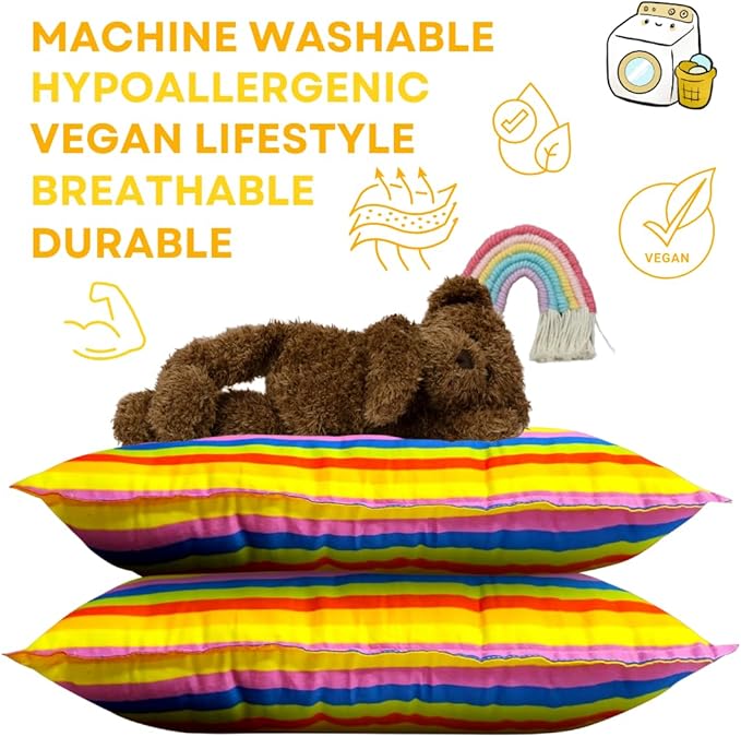 Kinder Fluff Mini Toddler Pillow (2Pk) 10x15in – First Pillow for Kids Age 2+, Bright Rainbow Design, 100% Cotton Sateen Stripe 300T, Down Alternative Fill, Machine Washable, Colourful Kids Cushion XS