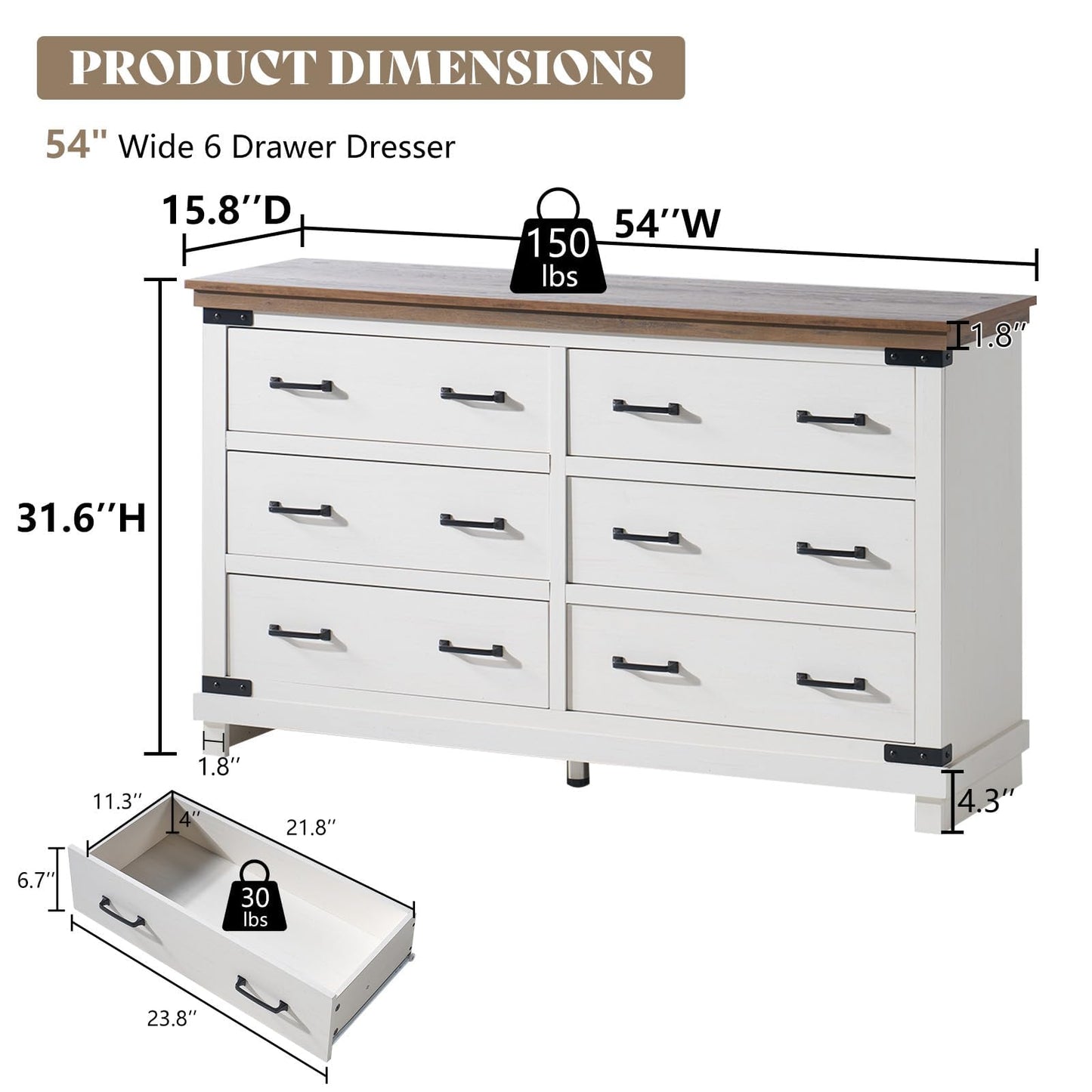 AMERLIFE 5-Piece Farmhouse Bedroom Set, Rustic Wood King Bed Frame with 51" Tall Headboard, 6-Drawer Dresser, 5-Drawer Tall Chest, Nightstands Set of 2 with Charging Station, White