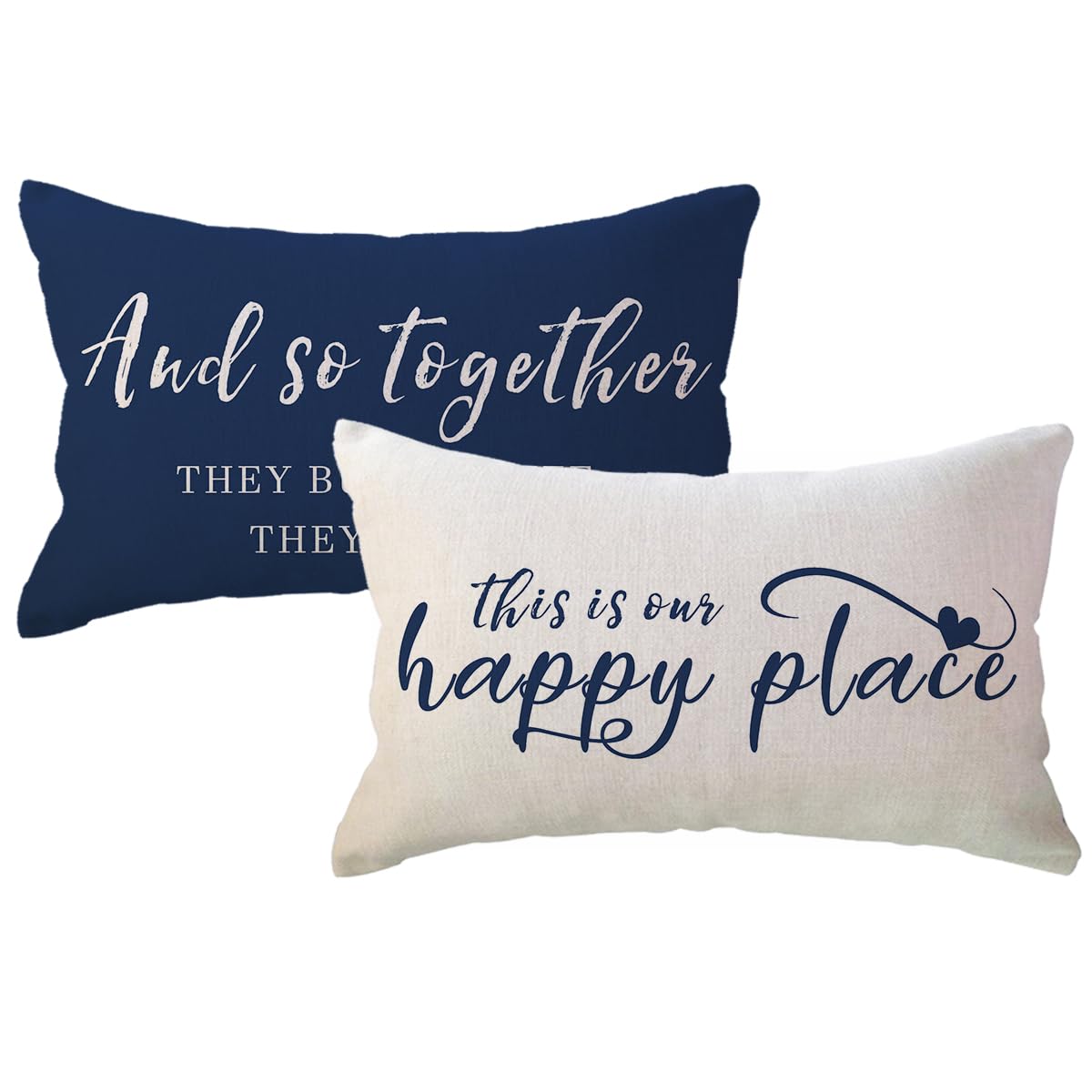 ULOVE LOVE YOURSELF Home Saying Throw Pillow Covers with Our Happy Place Quote Rustic Farmhouse Decor Lumbar Pillow Cases 12" x 20",2Pack Housewarming Gifts for Sofa/Couch/Porch (Blue)