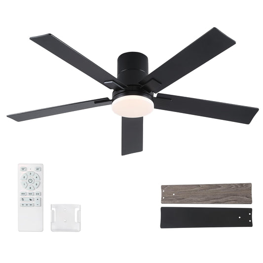 52 Inch Ceiling Fans with Lights and Remote,Flush Mount Black Ceiling Fan with 5 Blades,6 Speed Reversible DC Motor,3CCT Dimmable LED-Low Profile Design for Bedroom, Living room & Covered Outdoor