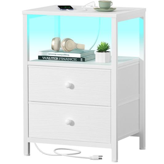 BOLUO White Nightstand with Charging Station, LED Night Stand with 2 Fabric Drawers, Bedside Table with USB Ports and Outlets, Nightstand for Bedroom Modern