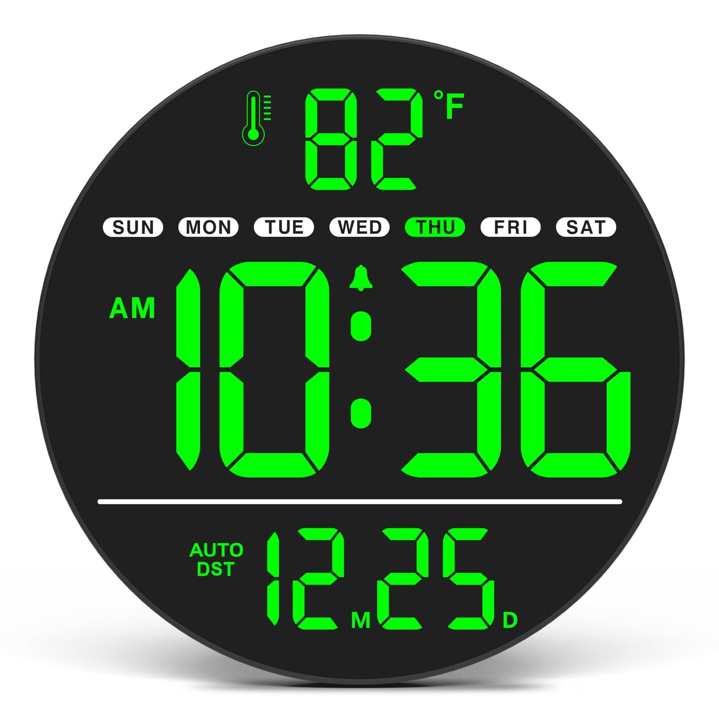 WallarGe Large Digital Wall Clock with LED Display, Electric Wall Clock with Temperature, Auto DST, Date, and Day, 5-Level Brightness for Office, Bedroom, Living Room, Classroom Décor