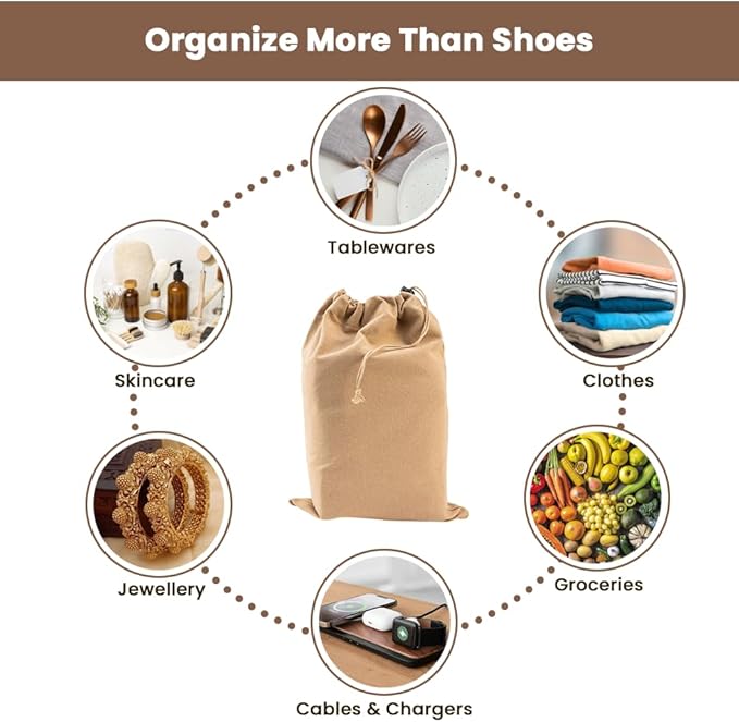LFH Cotton Rich Shoe Storage Bags with Drawstring, Dustproof Breathable Reusable Organizer, Perfect For Travel, Dorm, Hotel, College, Gym, Easy to Carry, Machine Washable 12"x17" (Pack of 4) - Beige