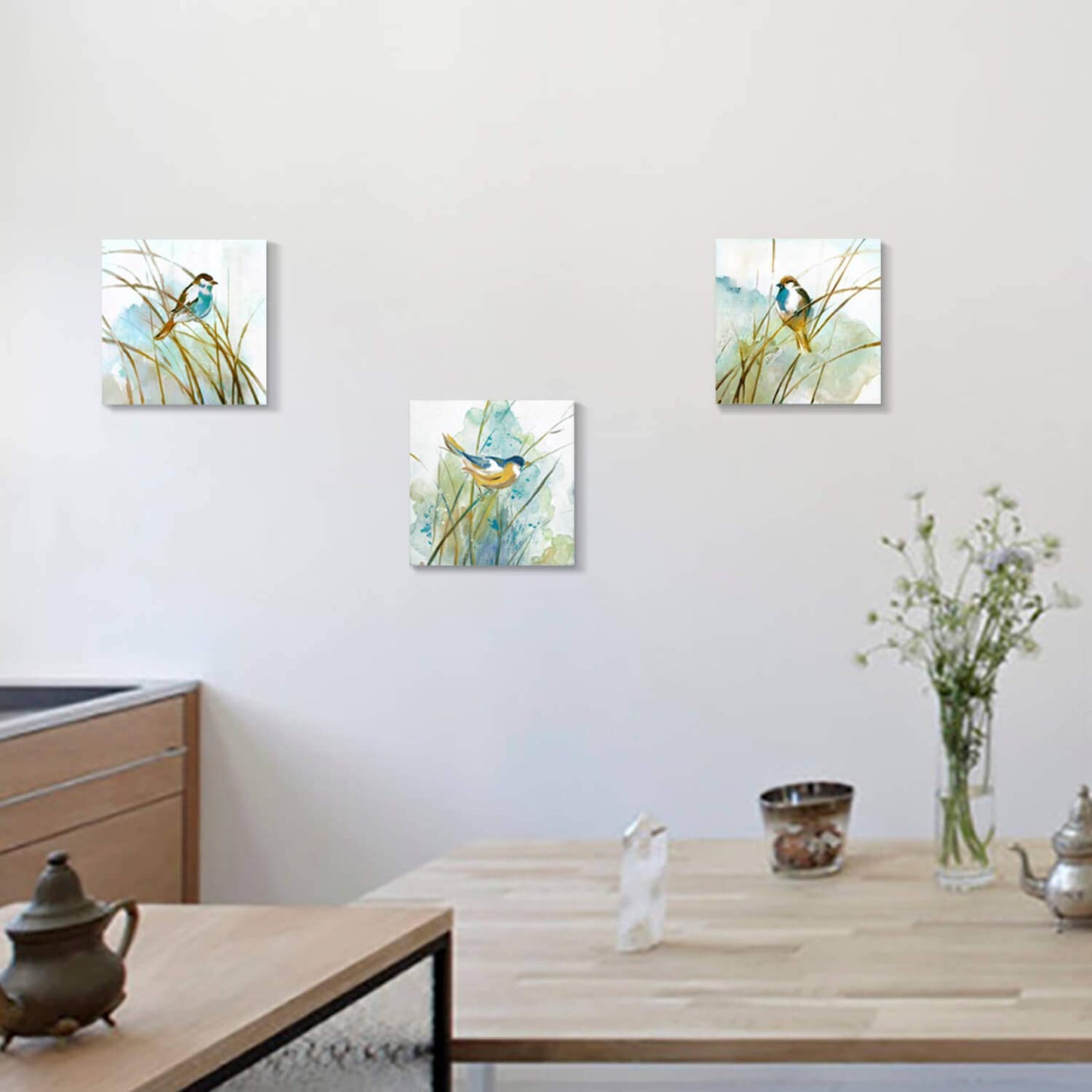 Hardy Gallery Abstract Birds Painting Wall Art: Colorful Birds in Grass Artwork Animal Picture on Canvas Prints for for Living Room (12” x 12” x 3 Panels)