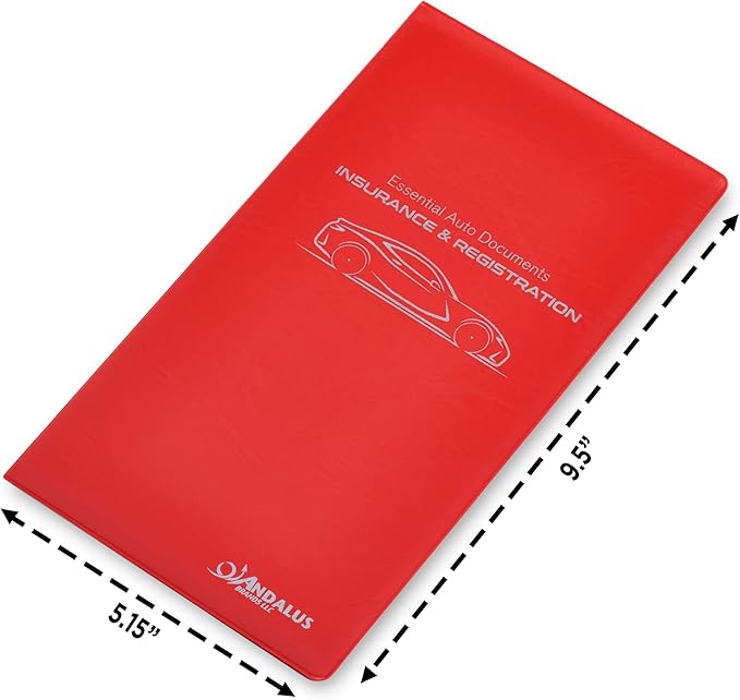 Andalus Auto Registration & Insurance Card Holder Pack of 1, Waterproof Essential Car Registration Holder with Hook & Velcro Closure, Perfect for Every Vehicles Glove Boxes (Red - 9.5" x 5.15")