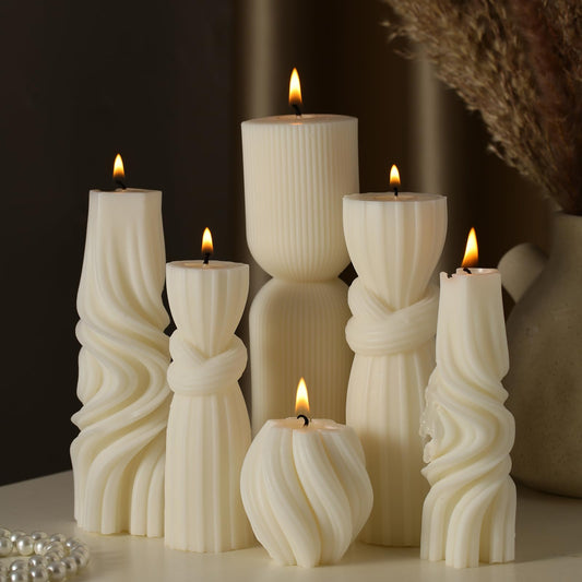 Threlaco 6 Pcs Pillar Candles Decorative Modern Aesthetic Ribbed Candle Set Cute Soy Wax Scented Ribbed Decor Commemorative Gift for Home Decoration(White, 1.97-6.89 Inch)
