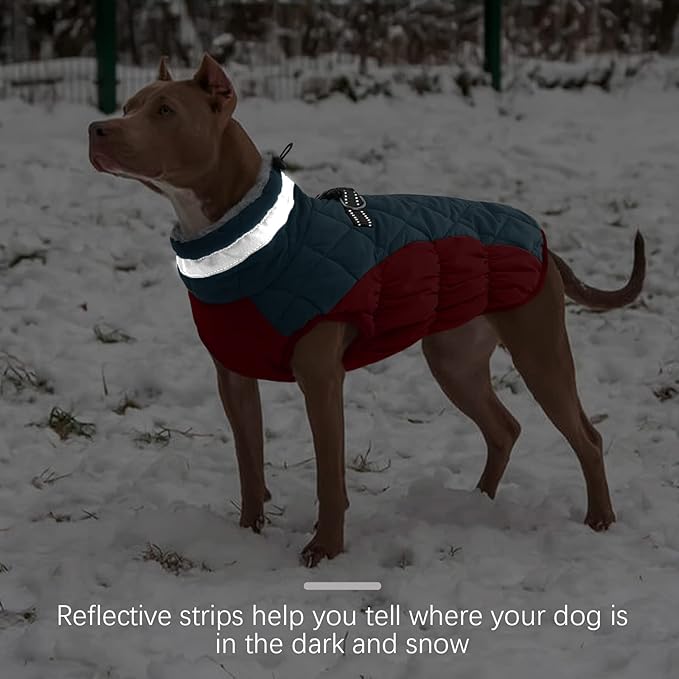 FUAMEY Dog Coat for Large Dogs,Waterproof Dog Winter Jacket with Harness Built in Puppy Cold Weather Coats Reflective Pet Vest with Zipper Warm Fleece Dogs Snowsuit Windproof Dark Blue L