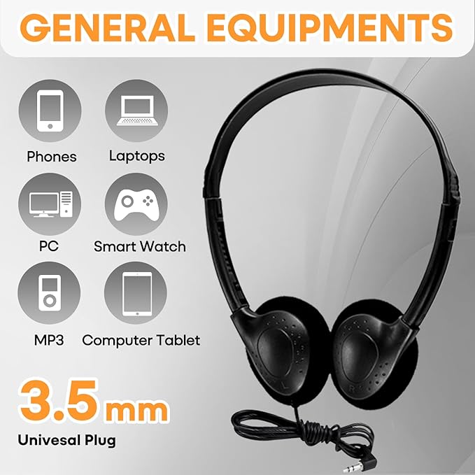 50 Pack Classroom Headphones Bulk for School Kids Students, Wholeslae Wired Durable Earphones Class Set for Children Toddler Teens Boys Girls and Adult (HY857,50 Black)