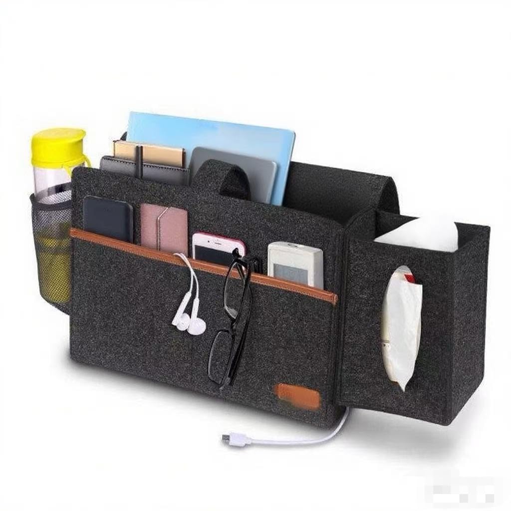 Zurci Bedside Caddy - Hanging Storage Pouch for Bedside, Couch, Dorm Room - Multi-Pocket Wall Mounted Felt Storage Organizer for Bedroom,With Tissue Box Cover Holde (Dark Gray)