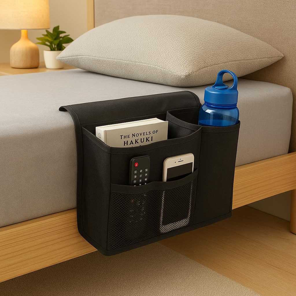 RETHINK YOUR ROOM Bedside Caddy Organizer for Bunk Bed, Loft Bed, and Dorm, Storage for Phone, Tablet, Remote, Magazines, Water Bottle, Perfect for College Dorm Room Essentials – Warsaw Grey