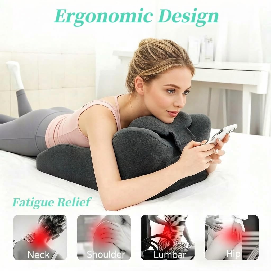 Multi-Functional Pillow Ergonomic Wedge Backrest with Wide Applications, Memory Foam Cushion for Sleeping and Reading, Prone Pillow with Superior Neck & Shoulder Support (Dark Gray)