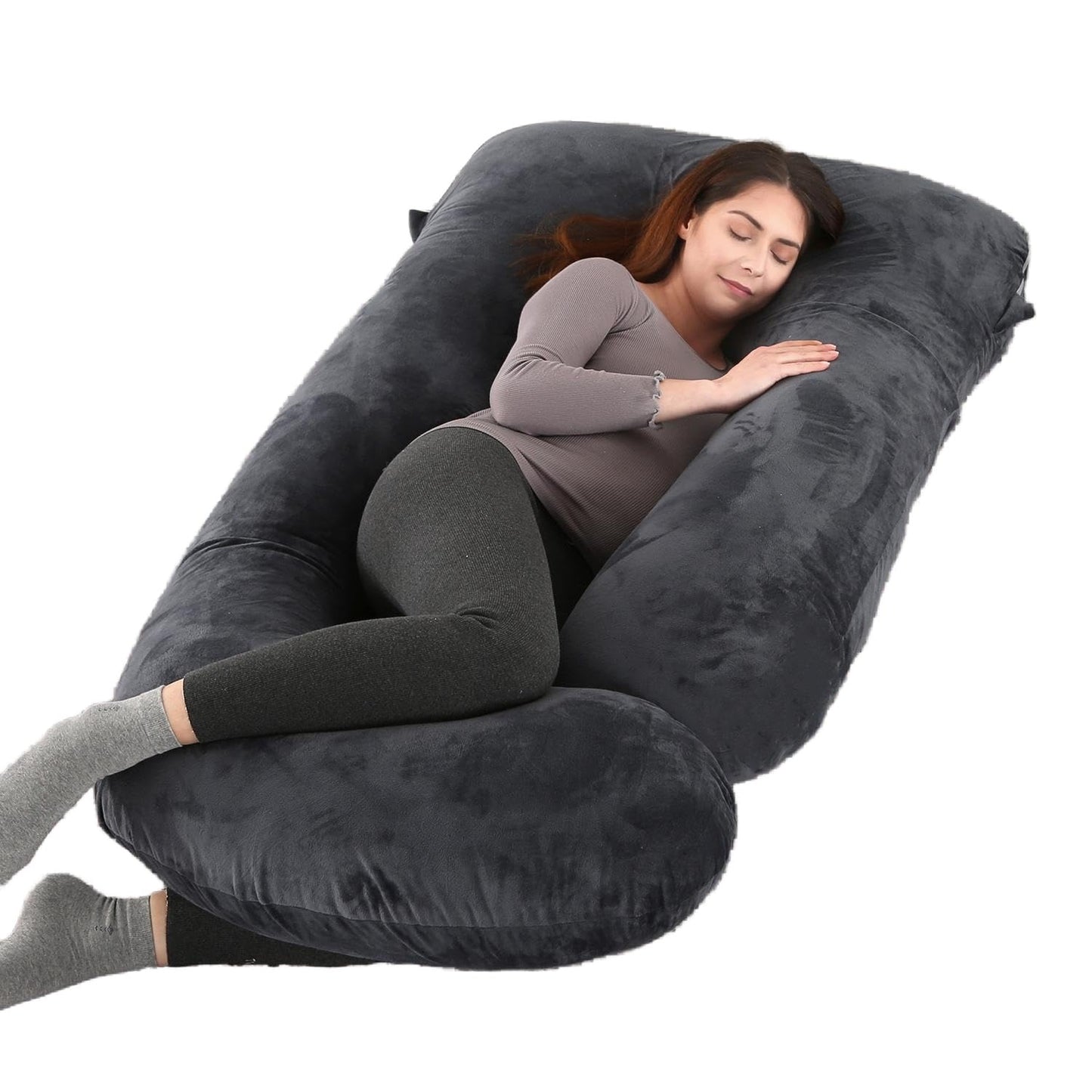 ALLOPERA 57 Inch Pregnancy Pillow for Sleeping, Full Body Support Pillow with Removable Washable Cover for Maternity Comfort, Black Grey Velvet Cover