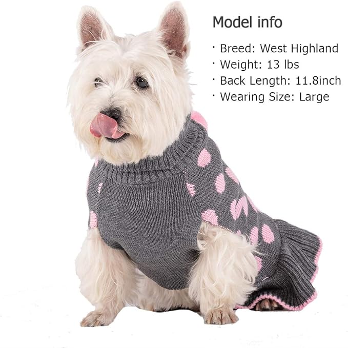 KYEESE Dog Sweater Dress Polka Dot Turtleneck Dogs Sweaters for Girl with Leash Hole Knit Pullover with Pom Pom Ball