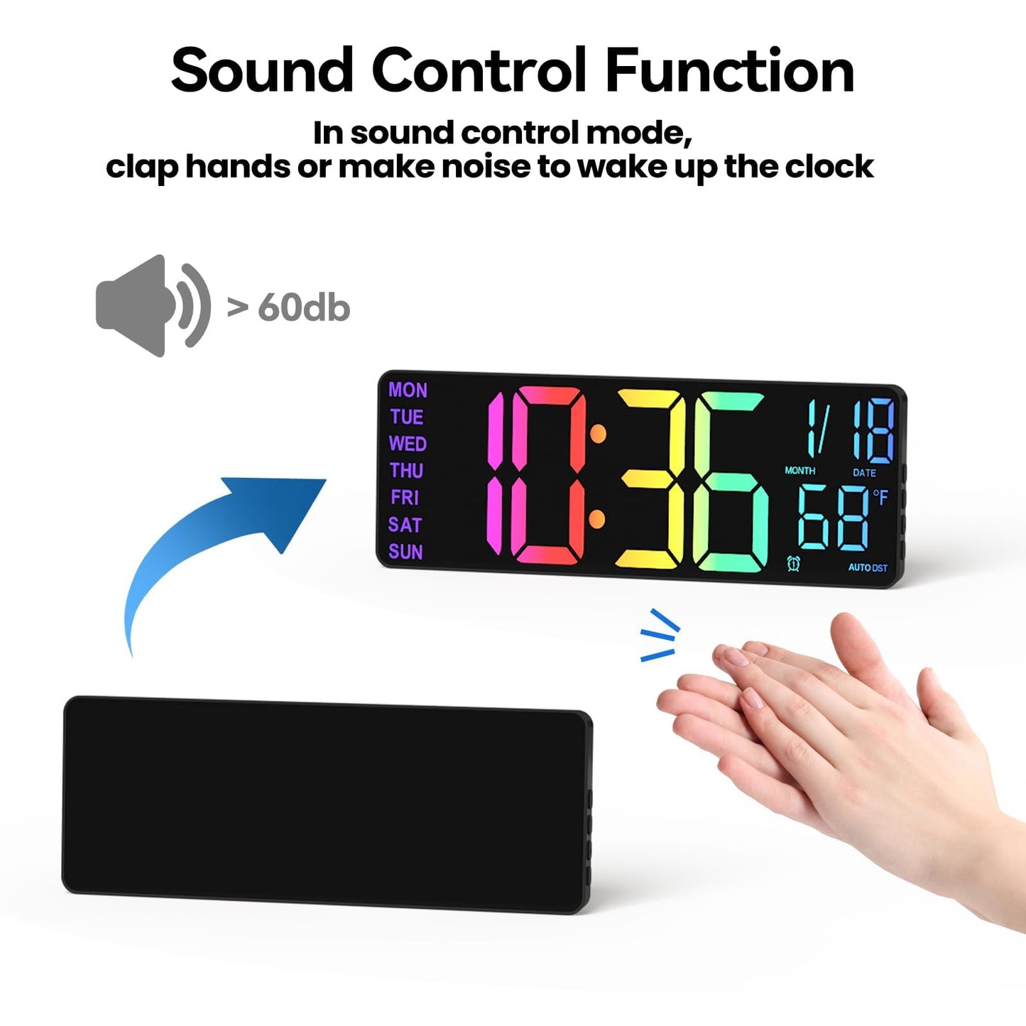 YISILE 13" Digital Wall Clock with Night Light,8 RGB Color,Dual Alarms with Large Display, Dimmer, Auto DST, Voice Control, Auto Time Sync,Remote Control for Living Room Bedroom,Gift for All Ages