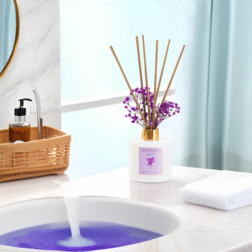 Chloefu Lan Lilac Diffuser, 6.7 oz Natural Essential Scented Oil with Diffuser Sticks, Best for Bathroom Decor, Living Room Decor, Home & Office Decor, Aromatherapy Diffuser Oil Gift Set
