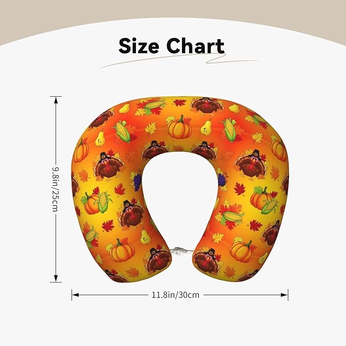 Neck Travel Pillow, Women Men Washable Airplane Car Pillows Thanksgiving Cute Turkey Pumpkin, Head Support Rest U Shaped Cushion Comfortable for Watching TV