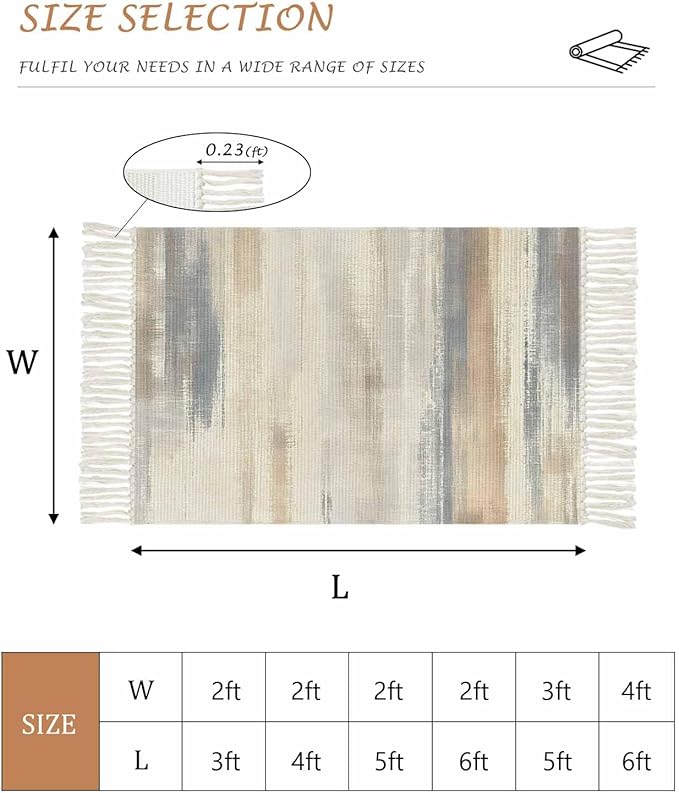 Beige Gray Brown Large Runner Rug 4X6 Ft Living Room Area Rug, Washable Woven Abstract Ombre Art Throw Carpet with Tassel, Non-Shedding Vintage Minimalist Gradient Aesthetic Bedroom Office Carpets