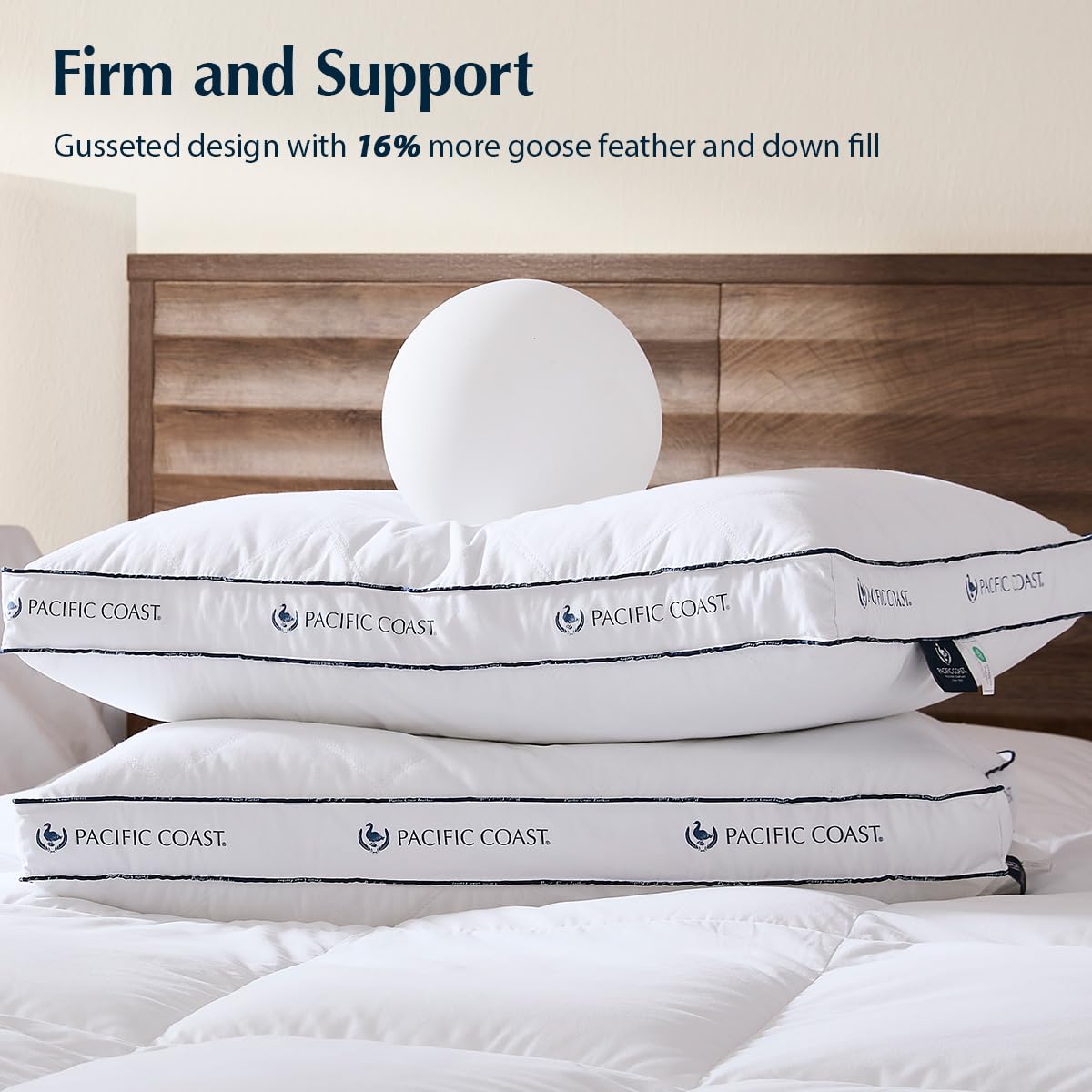 Pacific Coast Goose Feather and Down Firm Pillows King Size Set of 2, Bed Pillows for Side and Back Sleepers, Supportive Gusseted Hotel Collection Pillow with 100% Cotton Shell