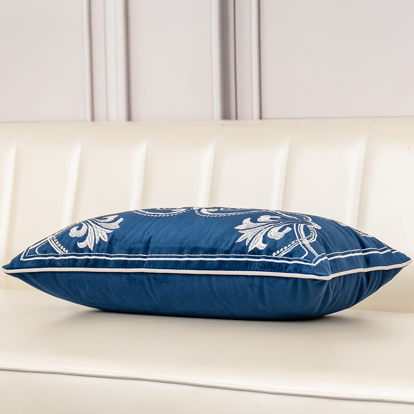 Aeckself European Floral Pillow Cover 12x20 Inch, Luxury Velvet Embroidered Decorative Lumbar Throw Pillow Cover for Couch Bedroom Living Room, Navy Blue and White