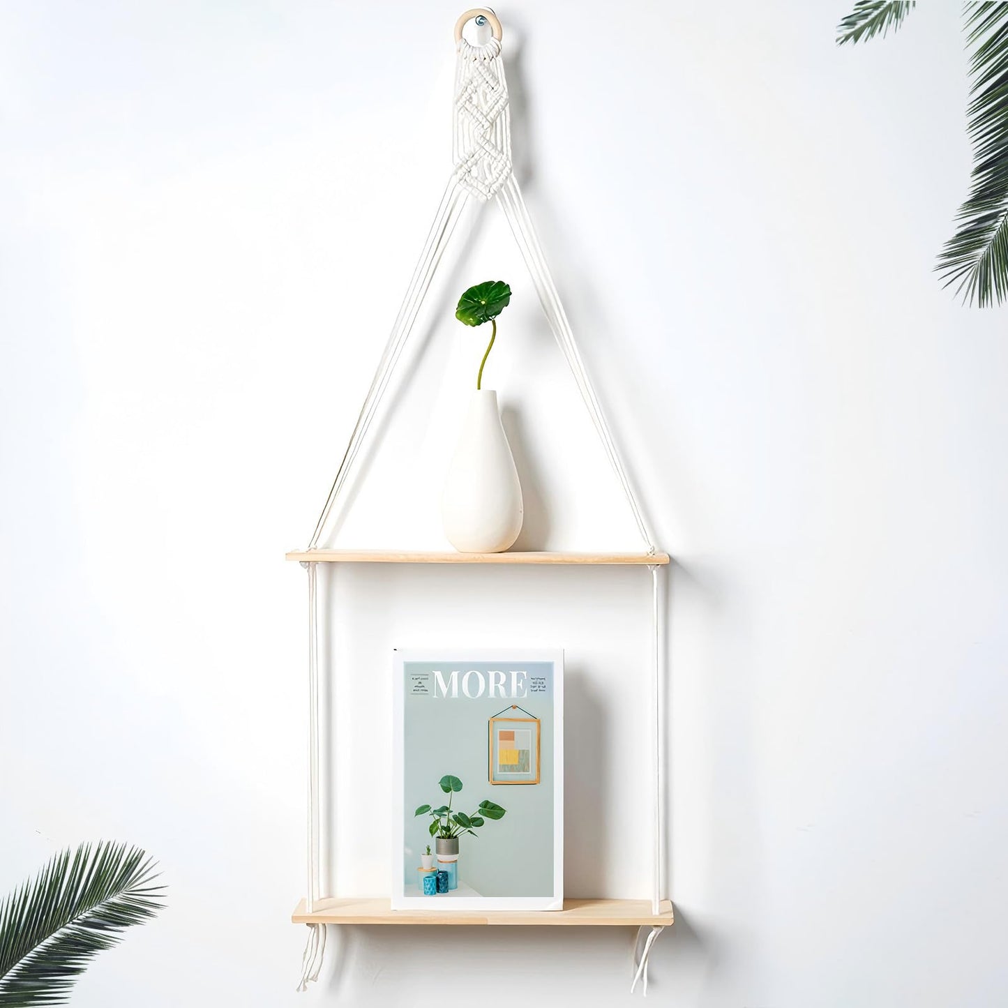 Macrame Floating Shelves for Boho Wall Decor - No Drilling Wooden Wall Shelves with Adhesive Hooks & 2-Tier Design - Decorative Storage Shelf for Bedroom, Living Room, Easy to Install (2 Tier)