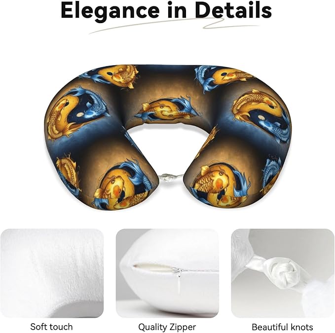 Comfortable Travel Pillow for Pain Relief Sleeping, Memory Foam Airplane Car Neck Pain Pillows Koifish Fish Yin Yang, Funny Chin Head Support Cushion