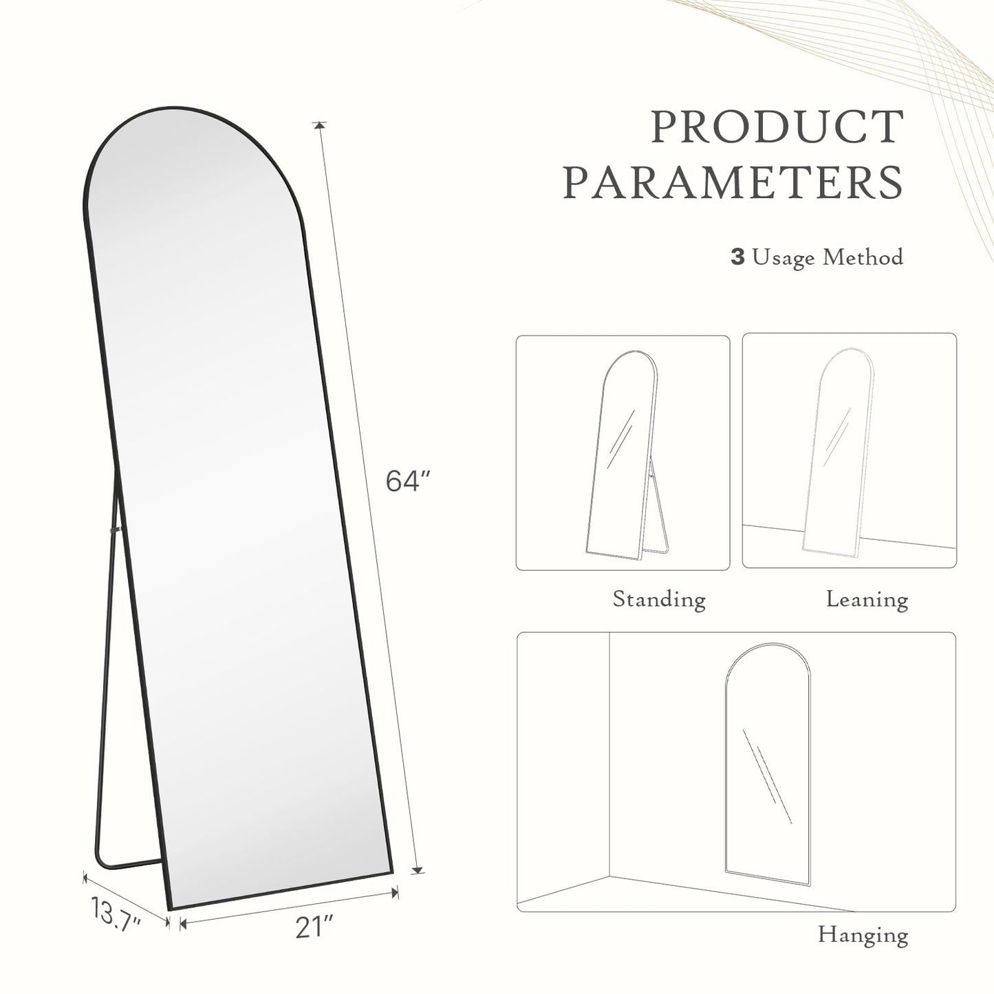 Aidoly Arched Mirror Full Length, Upgraded 21"x64" Body Wall Mirrors with Shatter-Proof Glass, Floor Standing, Hanging or Leaning, Tall Arch Mirror with Stand Aluminum Alloy Frame for Bedroom, Gold