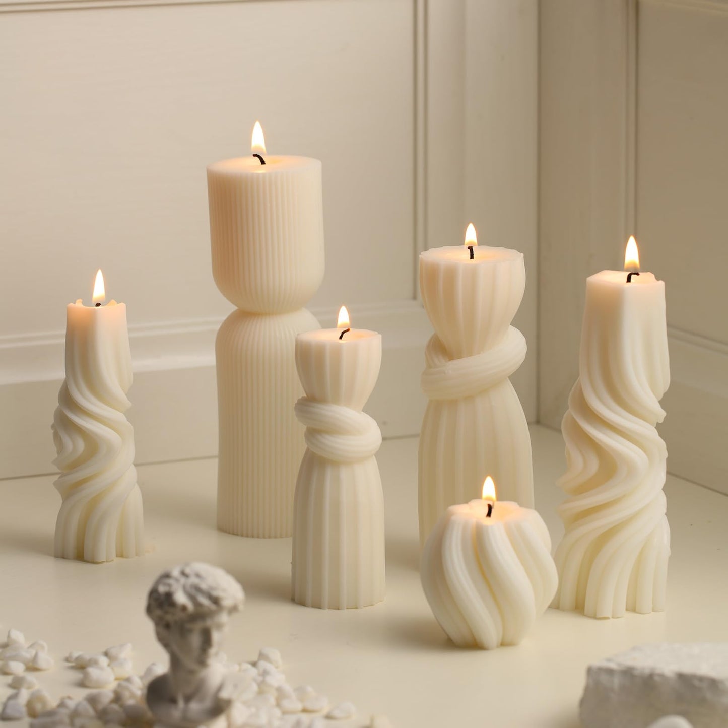 Threlaco 6 Pcs Pillar Candles Decorative Modern Aesthetic Ribbed Candle Set Cute Soy Wax Scented Ribbed Decor Commemorative Gift for Home Decoration(White, 1.97-6.89 Inch)