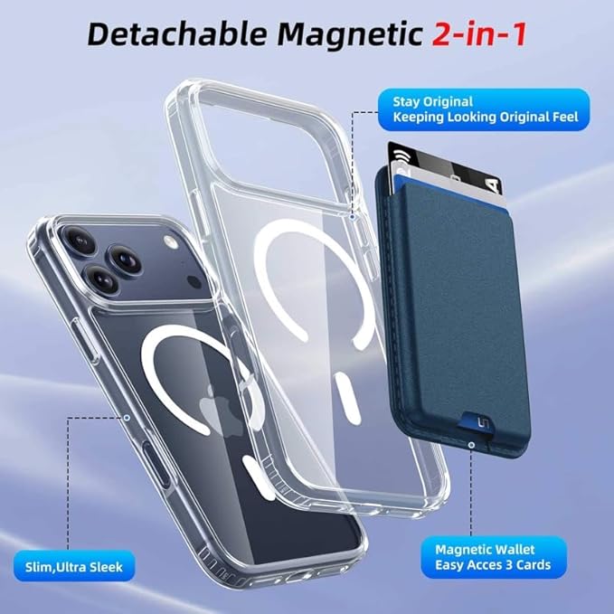 Ntwinro Magnetic for iPhone 17 Pro Max Clear Case (Compatible with MagSafe) with Blue Detachable Wallet & Card Holder for 3 Cards [RFID Blocking] Military Grade Protective Slim Phone Cover