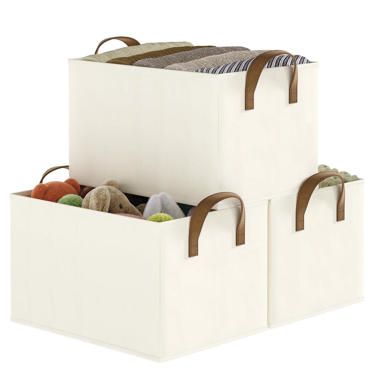 Closet Storage Bins, Fabric Closet Organizers and Storage Basket for Shelves, Collapsible Shelf Baskets for Organizing Shelves, Bedroom Clothes Basket, Beige, 3 Pack