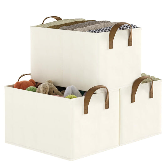 Closet Storage Bins, Fabric Closet Organizers and Storage Basket for Shelves, Collapsible Shelf Baskets for Organizing Shelves, Bedroom Clothes Basket, Beige, 3 Pack