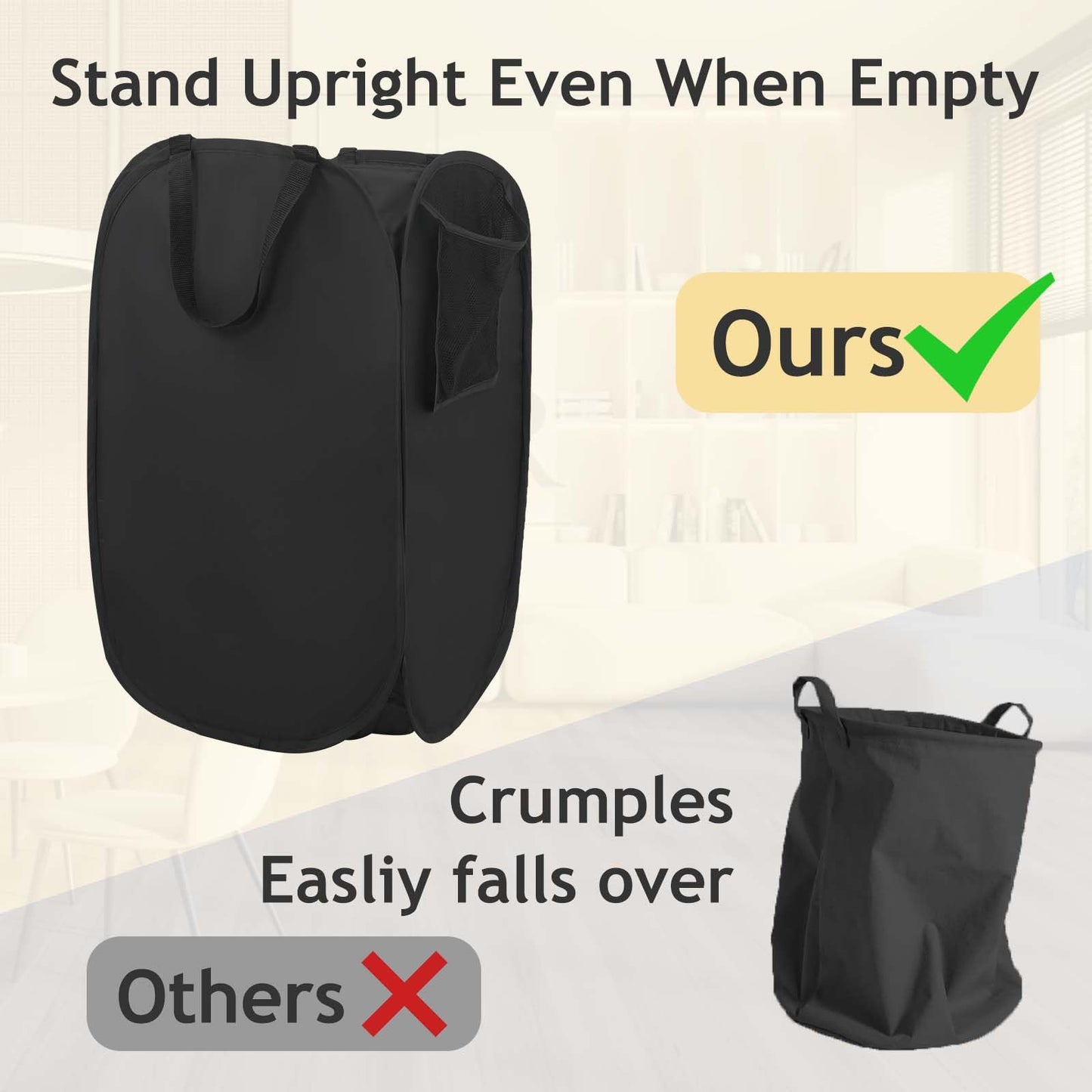 Upgraded Polyester Pop-up Laundry Hamper 2 Pack, 70L(18.5 Gal) Laundry Basket with Durable Handles Solid Bottom High Carbon Steel Frame and Side Pocket, Easy to Open Fold Flat for Storage