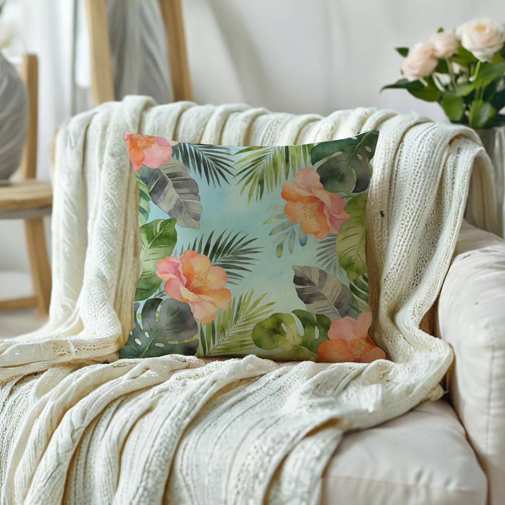 JAERUE Tropical Floral Throw Pillow Covers with Palm Leaf Hibiscus Flowers Decor Pillow Cases Farmhouse Summer Patio Decorative Cushion Covers 18 x 18 Inch,2Pack for Sofa Couch(Blue)