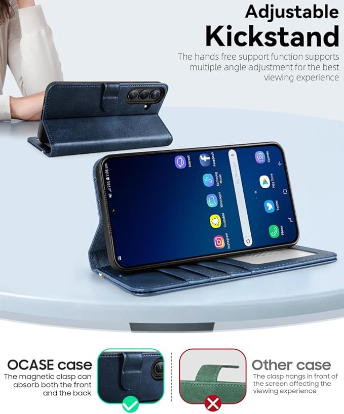 OCASE Compatible with Galaxy S25 FE Wallet Case, PU Leather Flip Folio Case with Card Holders RFID Blocking Kickstand [Shockproof TPU Inner Shell] Protective Phone Cover 2025, Retro Blue