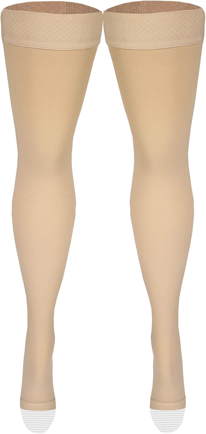 Amazon Basic Care Medical Compression Stockings, 20-30 mmHg Support, Women & Men Thigh Length Hose, Open Toe, Beige, Small (Previously NuVein)