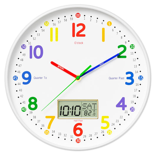 lanktoo 12" Silent Teaching Wall Clock with LCD Date Weekday Temperature Display – Tempered Glass, Non-Ticking Battery Operated Learning Clock for Kids Room, Classroom, Home Decor