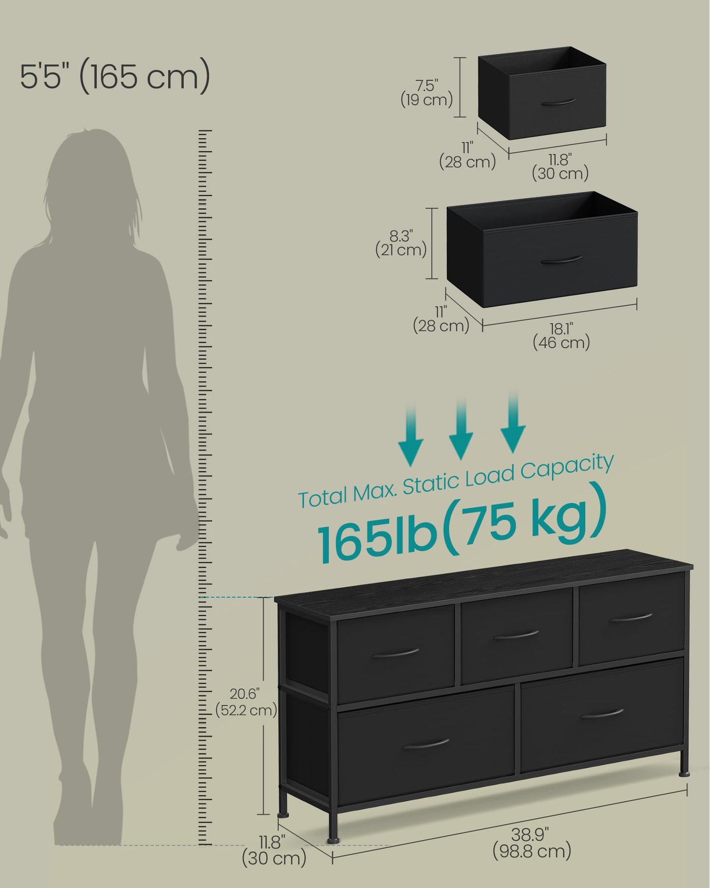 SONGMICS BELLAH Collection - Dresser for Bedroom, Chest of Drawers, Storage Organizer Unit, Closet, Entryway, Steel, 5 Drawers, Modern, Ink Black and Ebony Black ULGS322B01S