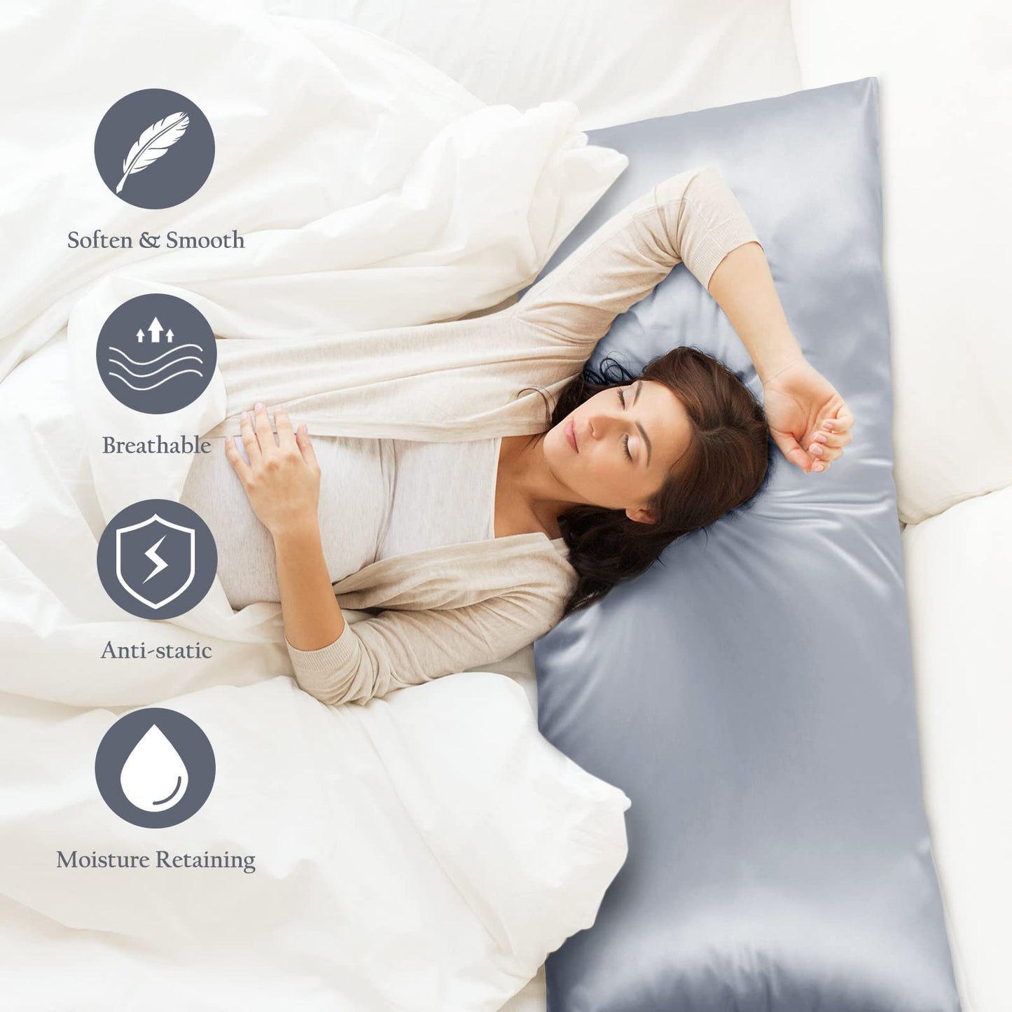 OLESILK Silk Body Pillowcase 20x54 Zippered: 100% Mulberry Silk for Hair and Skin, Breathable and Soft for Pregnant and Family, Silver Grey