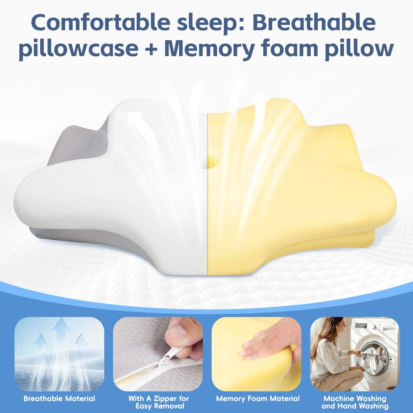 Missleep Cervical Neck Pillow, Memory Foam Pillows for Neck and Shoulder Pain Relief, 2 Heights Ergonomic Pillow with Breathable Ice Silk Cover, Neck Support Pillow for Side Sleepers White