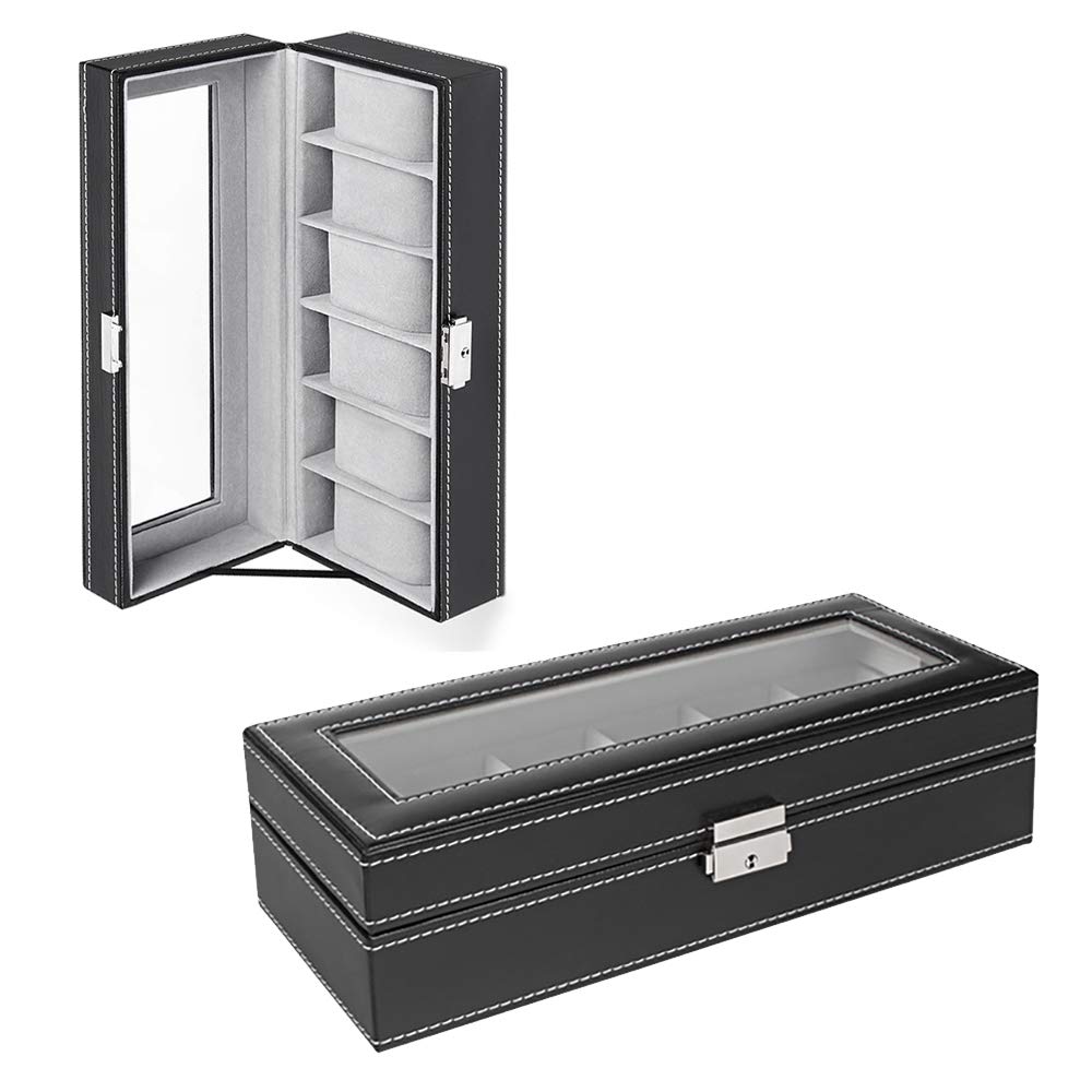 NEX 6 Slots Watch Box Organizer for Men, Black Watch Holder Stand Display Storage Case