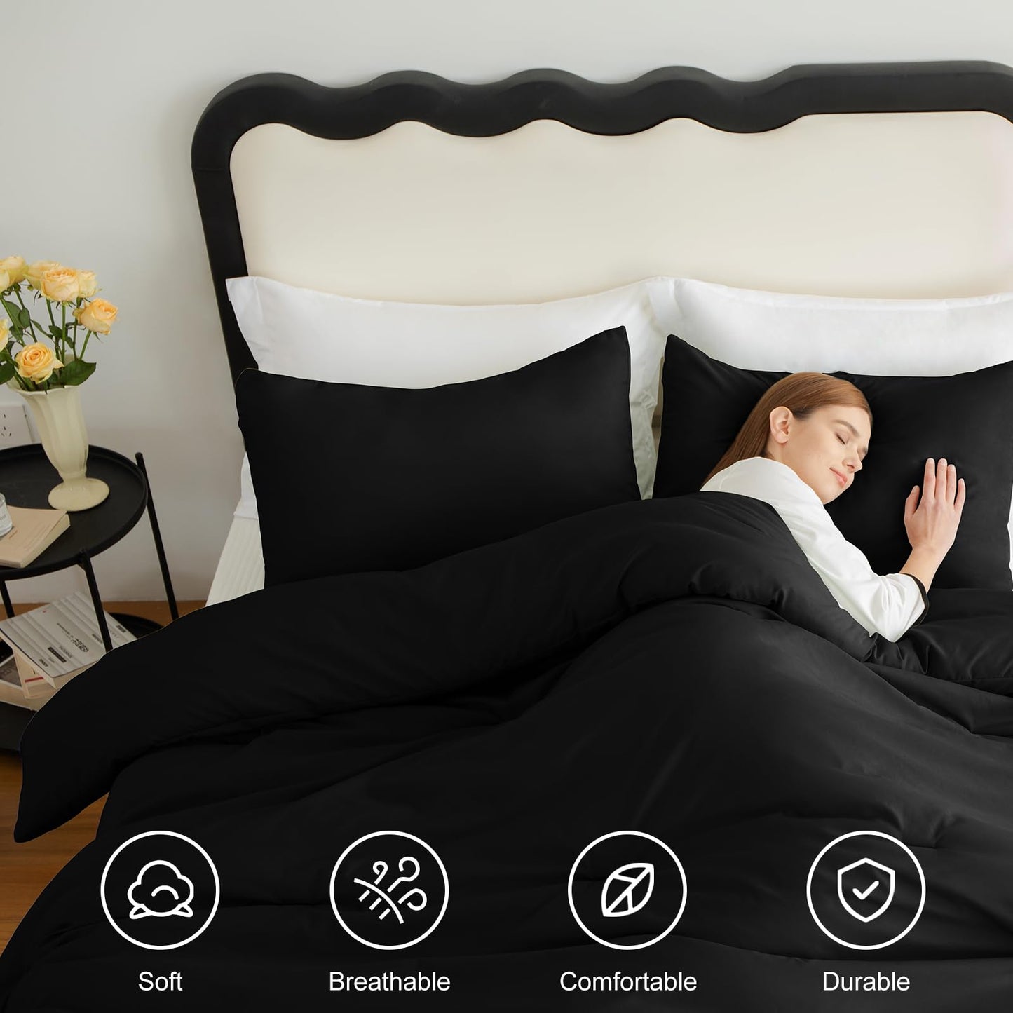 CozyLux Queen Comforter Set Black, 3 Pieces Lightweight Comforters Queen Size Quilted Bedding Sets, All Season Breathable Solid Down Alternative Comforter with 2 Pillowcases, Soft Bed Set for Home