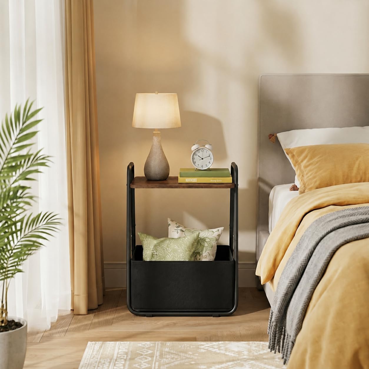 Synlajoy Rustic Brown Metal Frame Nightstand - Small Side Table with Fabric Storage Basket and Handle - Ideal for Bedroom & Living Room & Dorm